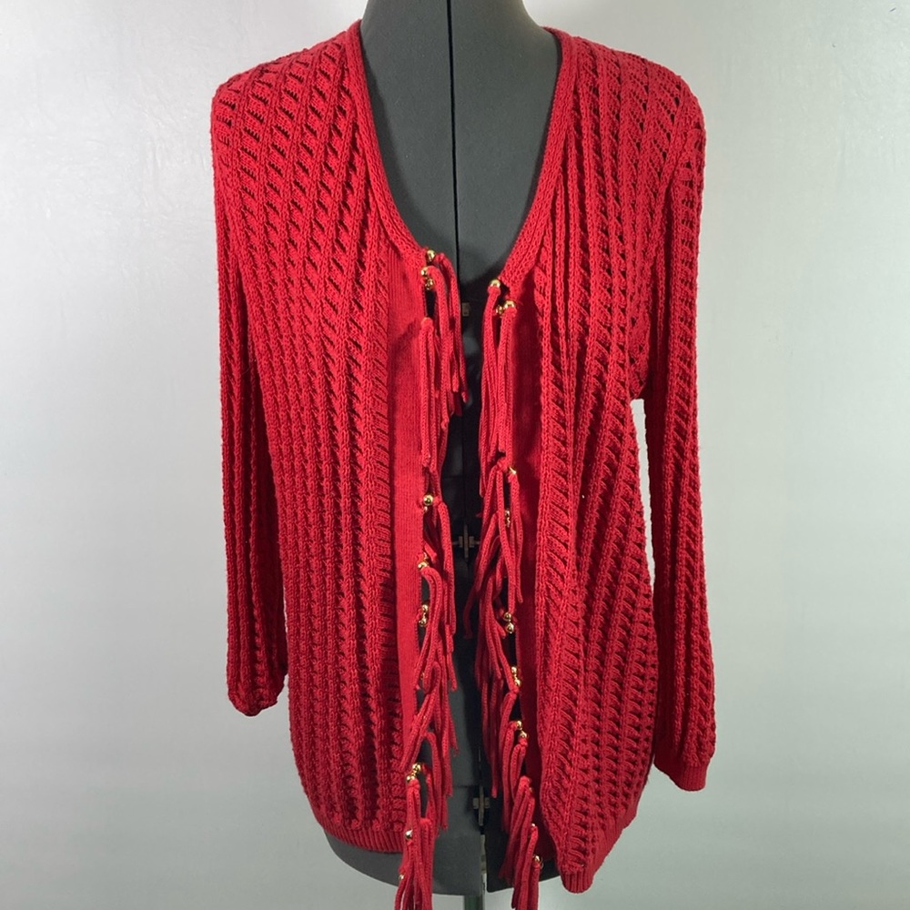 Samantha Grey Open Front Cardigan Fringe w Gold Beads Sweater Size S